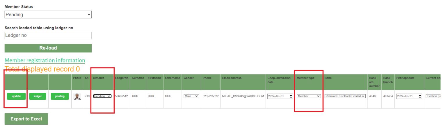 status and type of member update